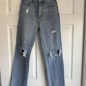 PrettyLittleThing Light Blue Distressed Straight Leg Jeans